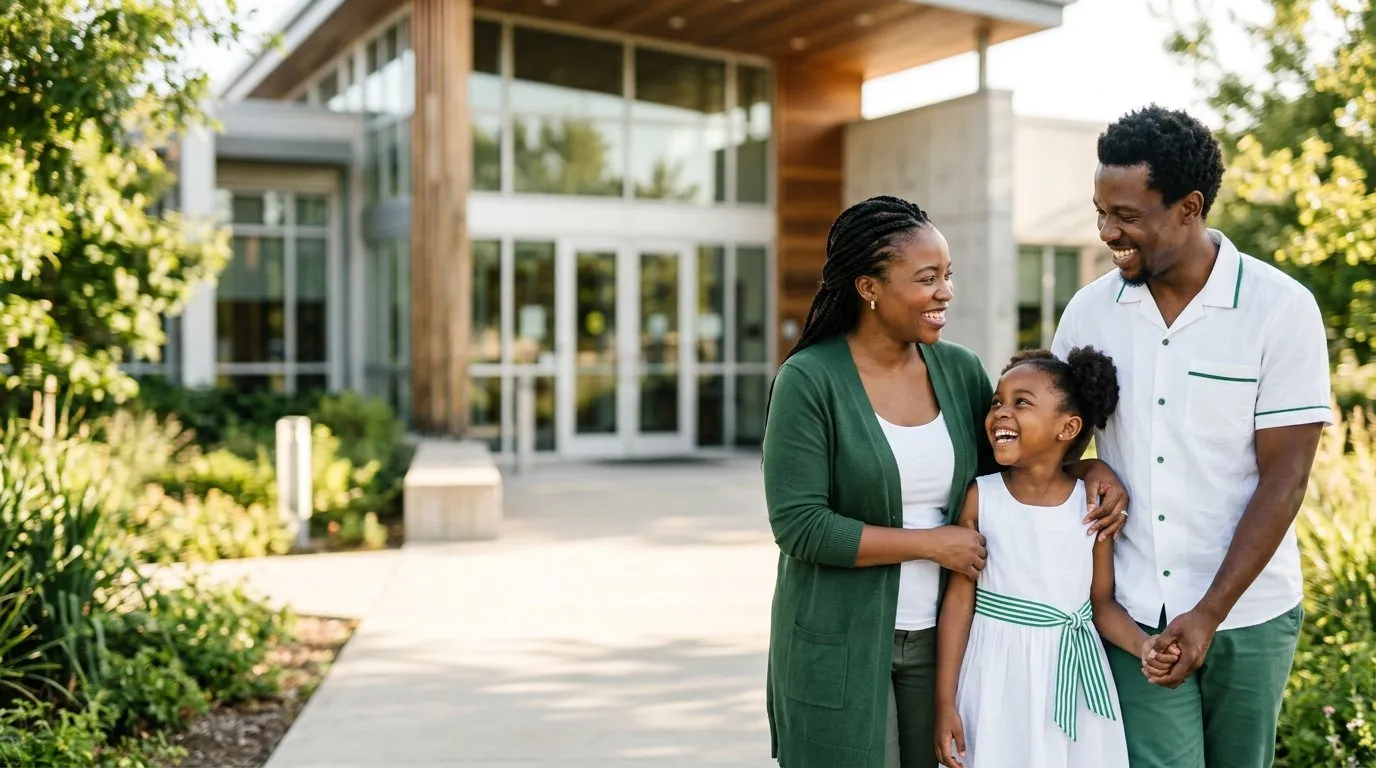 A smiling family outside a Health Alert partner clinic